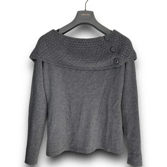 Ann Taylor Gray Off the Shoulder Cashmere Sweater S Fold over Waffle Knit Collar - Picture 1 of 7